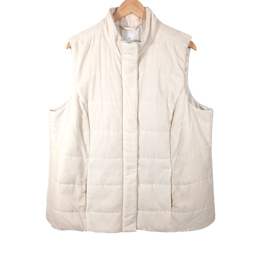 J. Jill, 2X Cream Colored Velvety Velour Puffer Vest, Zip & Snap Front, Pockets
